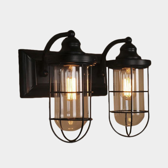 Industrial Black Wire Cage Wall Sconce Light For Stairway - Clear Glass 1/2-Bulb Fixture