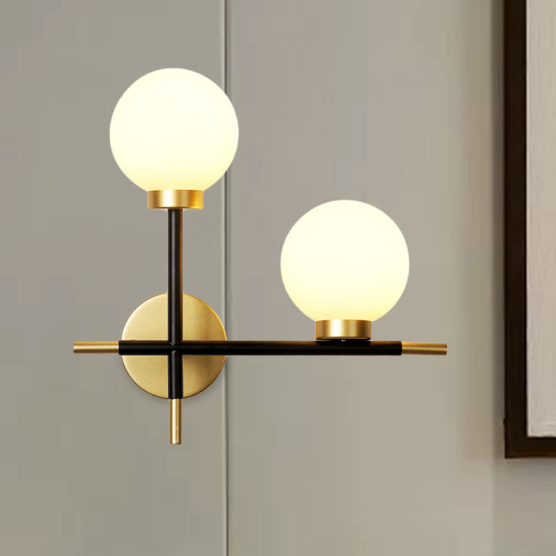 Modern Black Double Globe Wall Lamp With Cross Design - 2-Bulb Milky Glass Sconce Light Fixture For