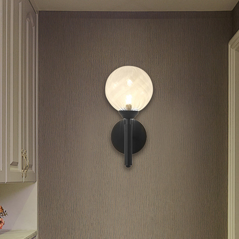 Modern Round 1-Light Black Sconce Light - Textured Glass Wall Lamp For Bedroom