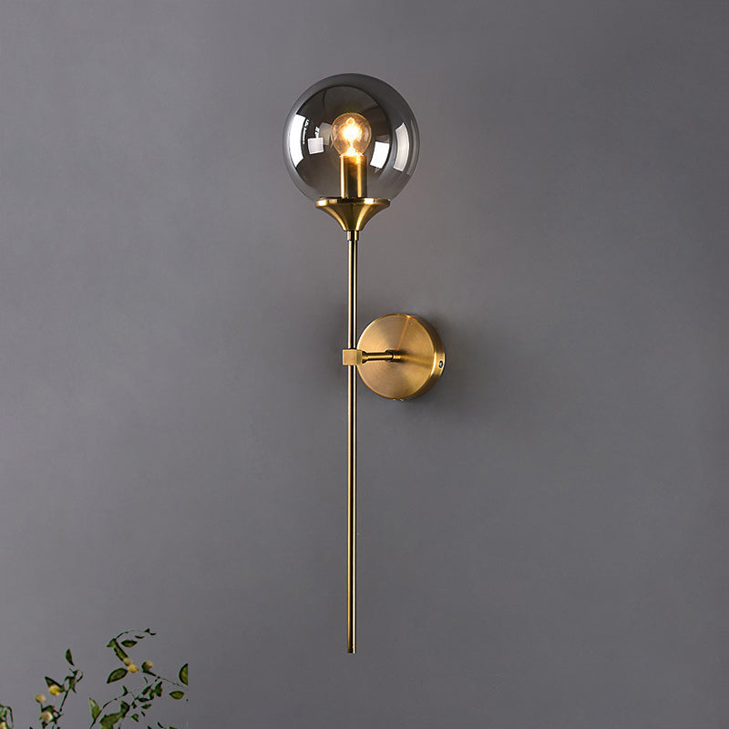 Brass Globe Shade Wall Sconce - Modern Single Bulb Clear/Grey/Amber Glass Light For Bedroom