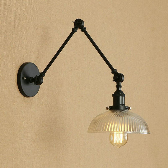 Industrial Antique Brass/Black/Rust Swing Arm Wall Sconce With Ribbed Glass Shade - Perfect Living