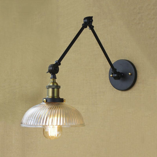 Industrial Antique Brass/Black/Rust Swing Arm Wall Sconce With Ribbed Glass Shade - Perfect Living