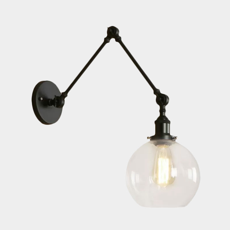 Industrial Bedroom Wall Sconce Lighting Fixture With Clear Glass Globe Shade - Black/Antique