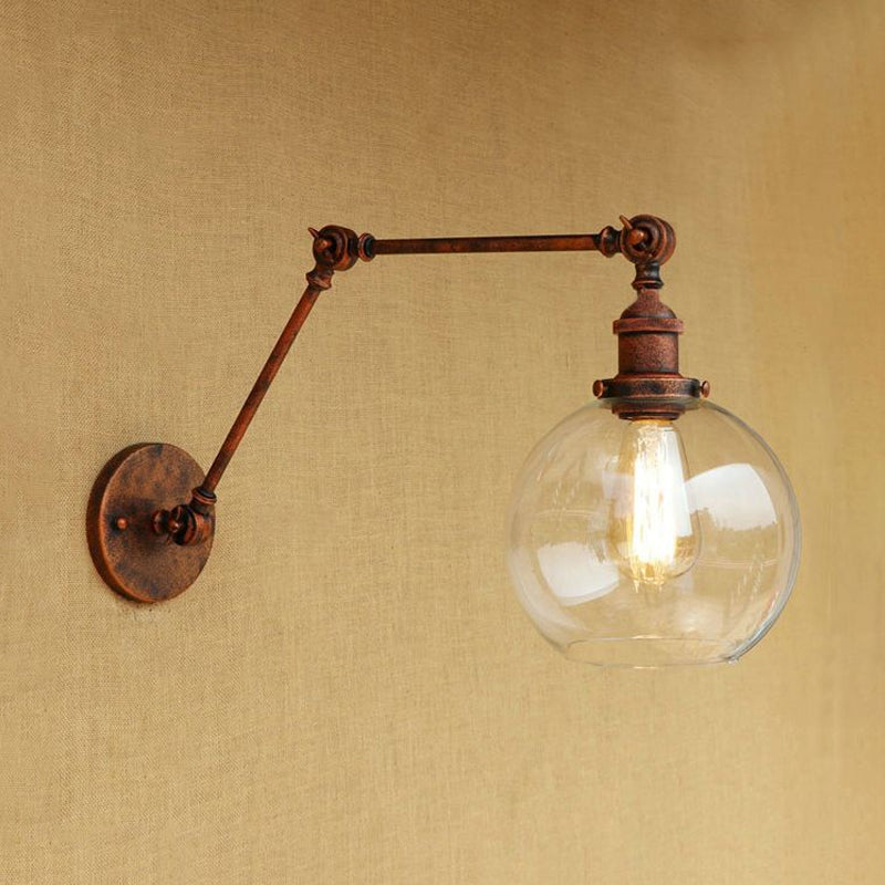 Industrial Bedroom Wall Sconce Lighting Fixture With Clear Glass Globe Shade - Black/Antique