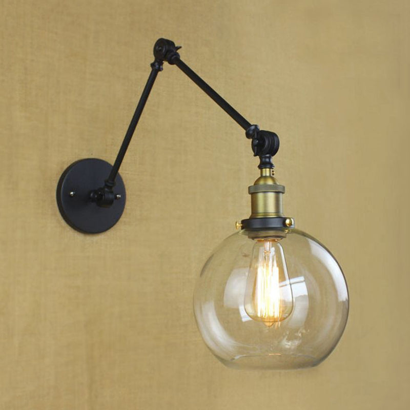 Industrial Bedroom Wall Sconce Lighting Fixture With Clear Glass Globe Shade - Black/Antique