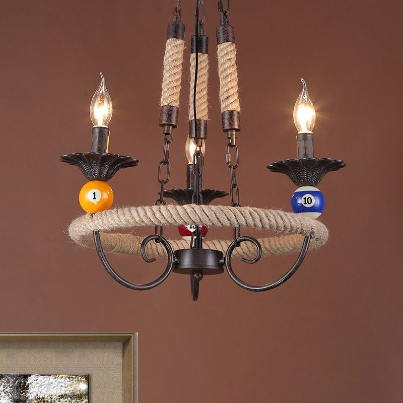 Industrial Metal Hanging Lamp: Roped Ring Bar, 3/6 Lights, Rust Chandelier with Billiard Ball Decoration