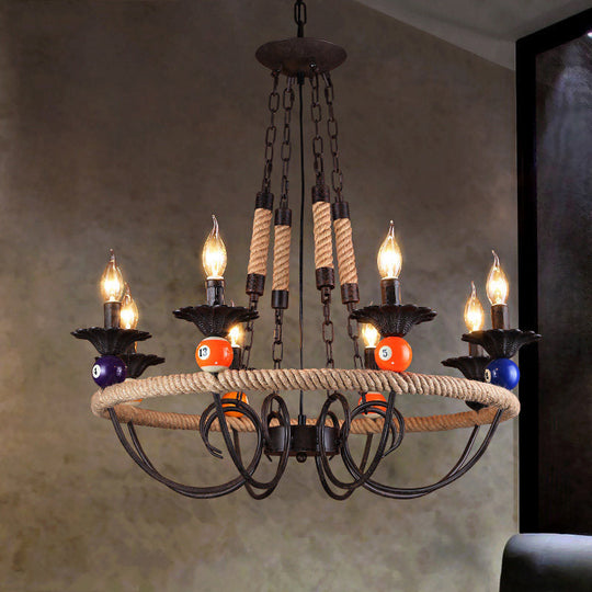 Industrial Metal Chandelier With Roped Ring Bar And Billiard Ball Décor - 3/6 Lights Rust Hanging