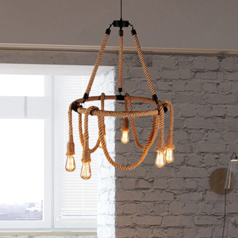 Adjustable Rope Chandelier Pendant Light - Farmhouse Multi Light Bar Ceiling Fixture in Beige