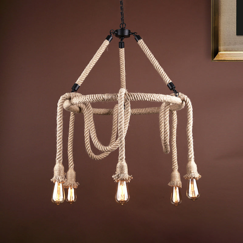 Adjustable Rope Chandelier Pendant Light - Farmhouse Multi Light Bar Ceiling Fixture in Beige