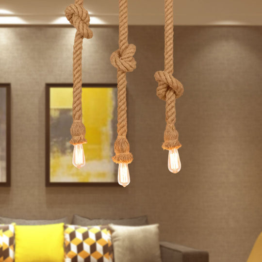 Suspended Beige Rope Pendant Light With 3 Open Bulb Design - Natural And Country-Look For Balcony