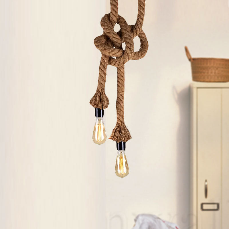 Vintage Style Light Brown Rope Pendant Light with Open Bulb - 2 Heads - Ceiling Hanging Lighting for Bar