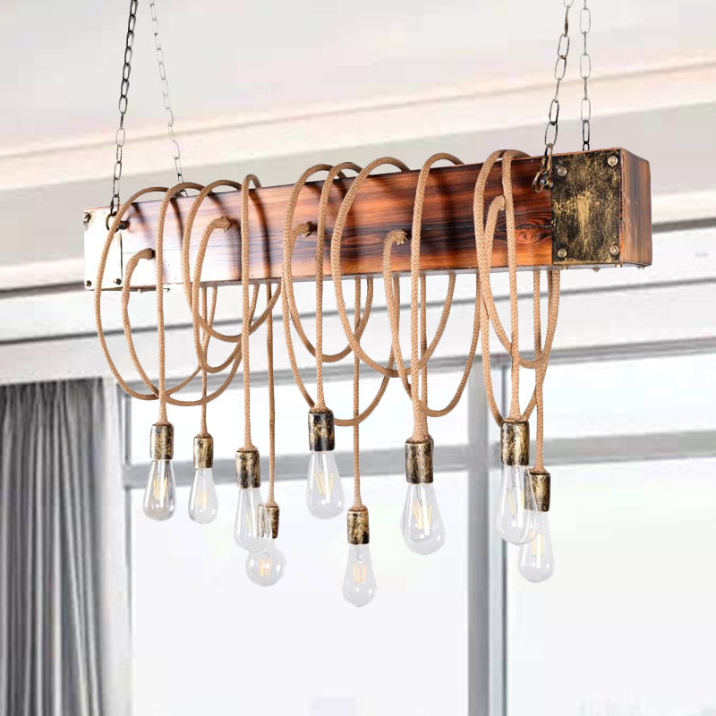 Rustic Metal Island Lighting With Wooden Beam - Multi Light Suspension Chandelier In Black/Antique