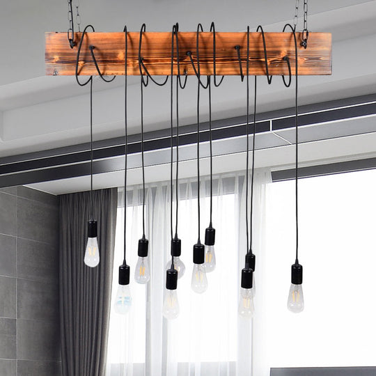 Rustic Metal Island Lighting With Wooden Beam - Multi Light Suspension Chandelier In Black/Antique