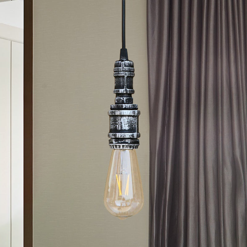 Rustic Black/Silver Wrought Iron Bare Bulb Hanging Light Fixture with Pipe - Bathroom Ceiling Lighting