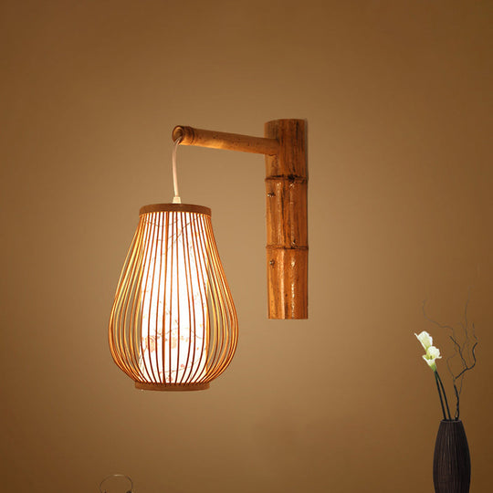 Bamboo Teardrop Sconce: Asian-Inspired Indoor Beige Wall Lamp With Inner Cylindrical Shade