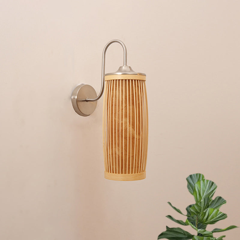 Asian Style Cylinder Bamboo And Metal Wall Lamp With Gooseneck Arm - 1 Bulb Beige Shade