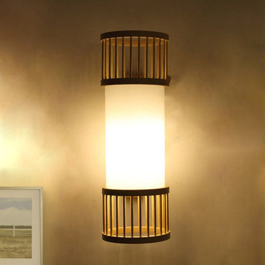 Asian Bamboo Cylinder Shade Wall Sconce Light In Beige - Stylish 1-Head Lamp For Stairway