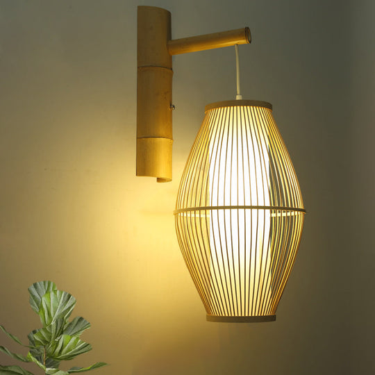 Oriental Oval Wall Light Sconce With Bamboo Lantern Design - 1-Light Beige Lamp