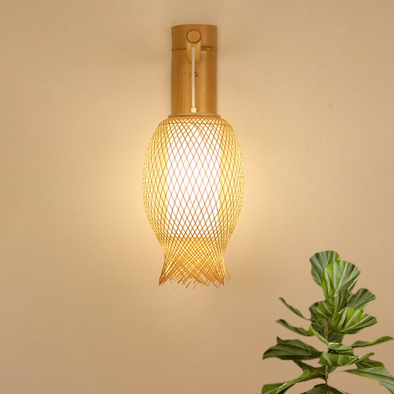 Bamboo Wall Sconce With Asian Style And Beige Oblong Shade - Hand Woven 1-Bulb Lamp