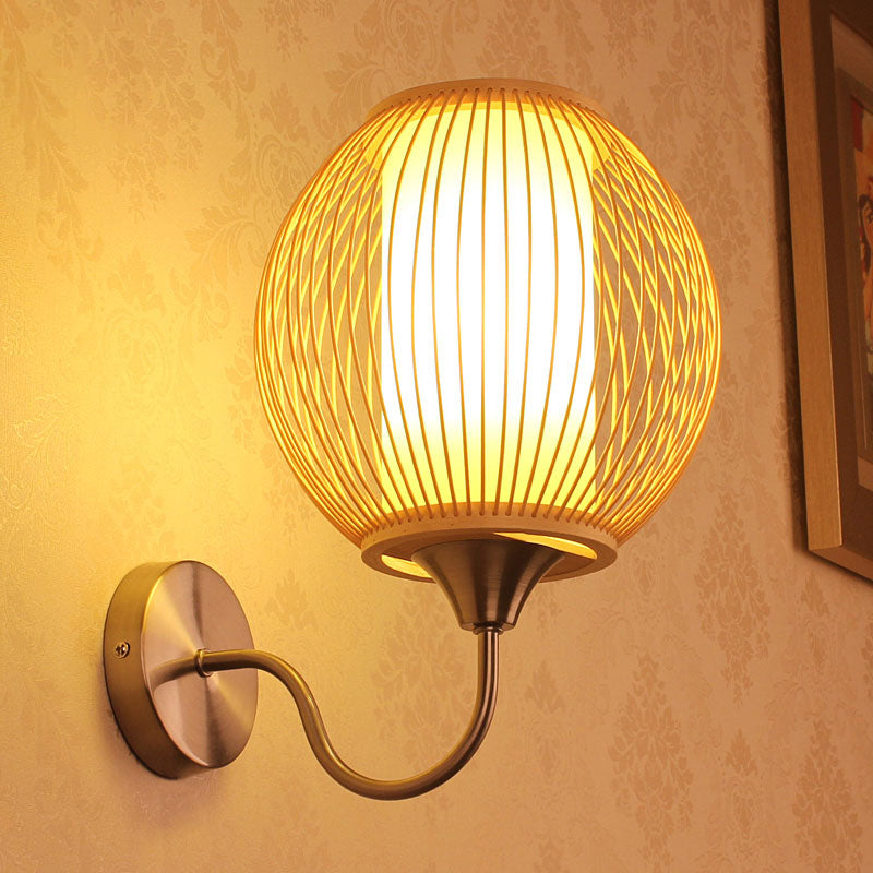 Modern Asian Style Bamboo Wall Mounted Sconce With Single Bulb Gooseneck Arm And Parchment Shade