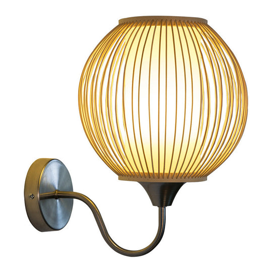 Modern Asian Style Bamboo Wall Mounted Sconce With Single Bulb Gooseneck Arm And Parchment Shade