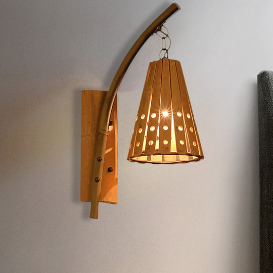 Wood Wall Lamp With Bamboo Cone Shade & Lodge Style Hollow Design - Perfect For Bedroom (Left/Right)