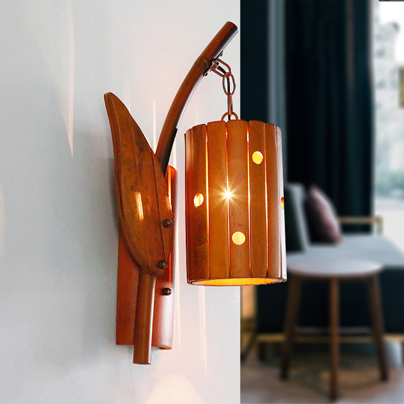 Brown Lodge Style Wall Lamp With Bamboo Shade And Leaf Decor - Perfect For Corridor