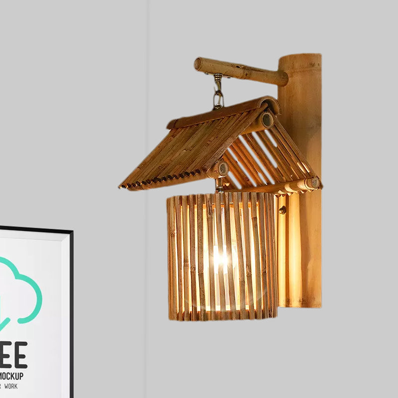 Wooden House Shaped Wall Light Sconce - Lodge Style Bamboo Lamp For Balcony