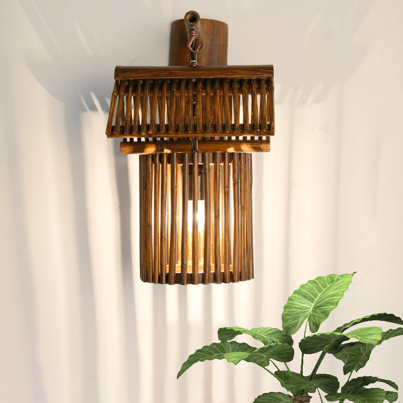 Wooden House Shaped Wall Light Sconce - Lodge Style Bamboo Lamp For Balcony