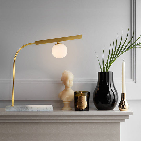 Minimalist Gold Desk Light With Rectangle Marble Base Orb Milk Glass Reading Lamp