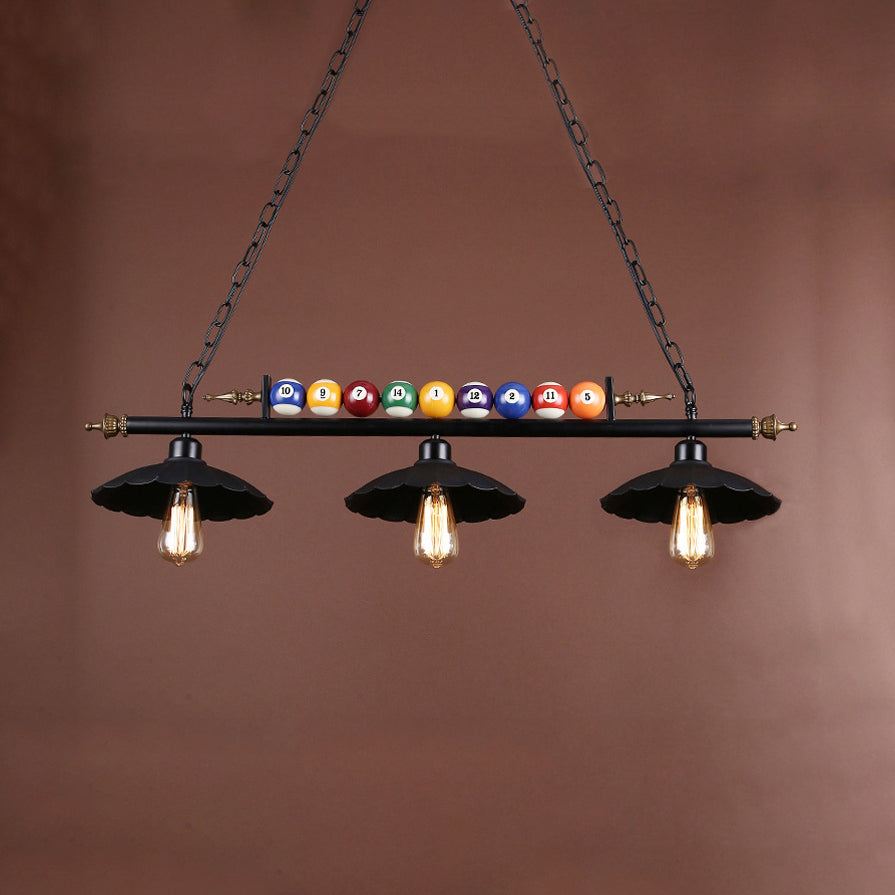 Industrial Style Black Metal Billiard Light With Scalloped Shade - 3-Light Island Pendant