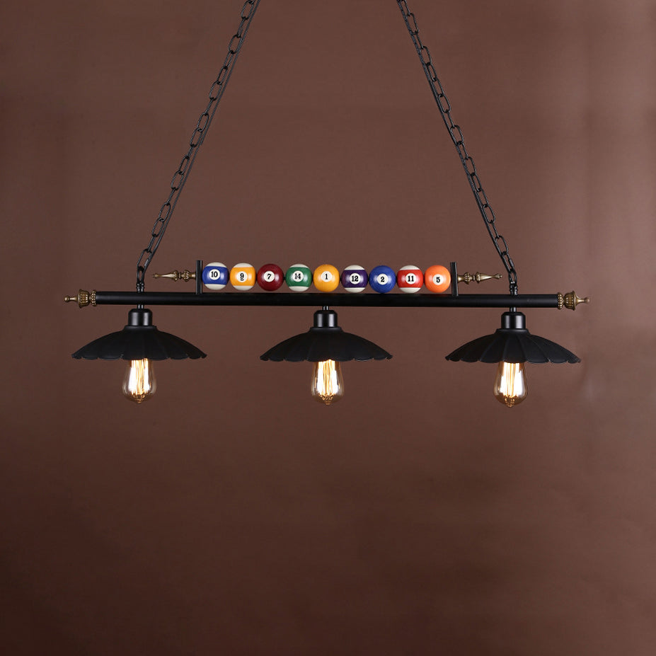 Industrial Style Black Metal Billiard Light With Scalloped Shade - 3-Light Island Pendant