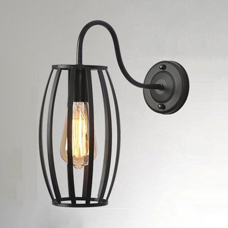 Retro Industrial Oval Cage Wall Sconce Light - Metallic Gooseneck Arm Black Finish