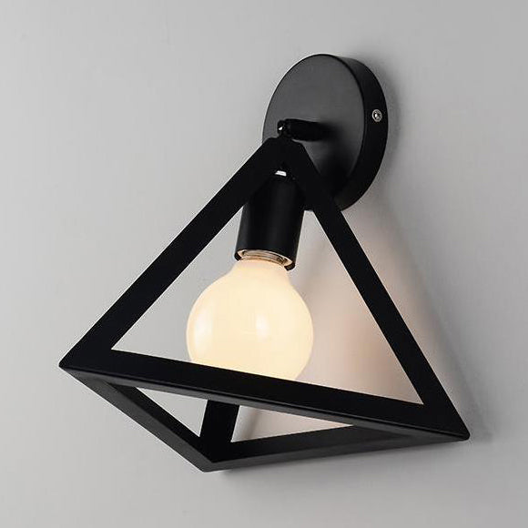 Modern Metal Caged Wall Light With Triangle Shade - Loft Style Bedroom Lamp Black