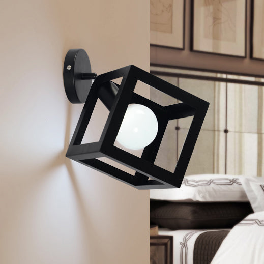 Industrial Metal Cubic Wall Light With Stylish Cage Shade - Black