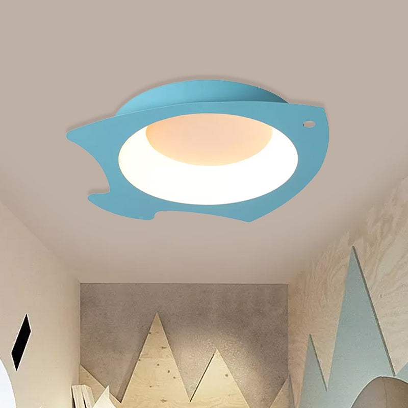 Blue Fish Flush Mount Led Ceiling Light For Kids Bedroom - Cartoon Style With Warm/White