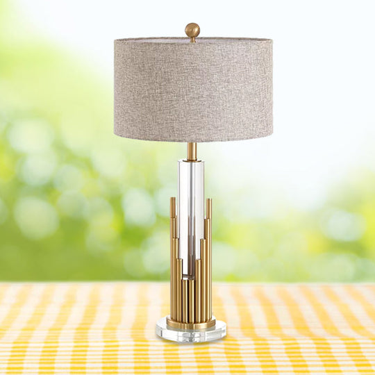 Ankaa - Modernist Round Shade Fabric Night Light Modernist 1 Head Flaxen Table Lamp with Gold Fluted Base