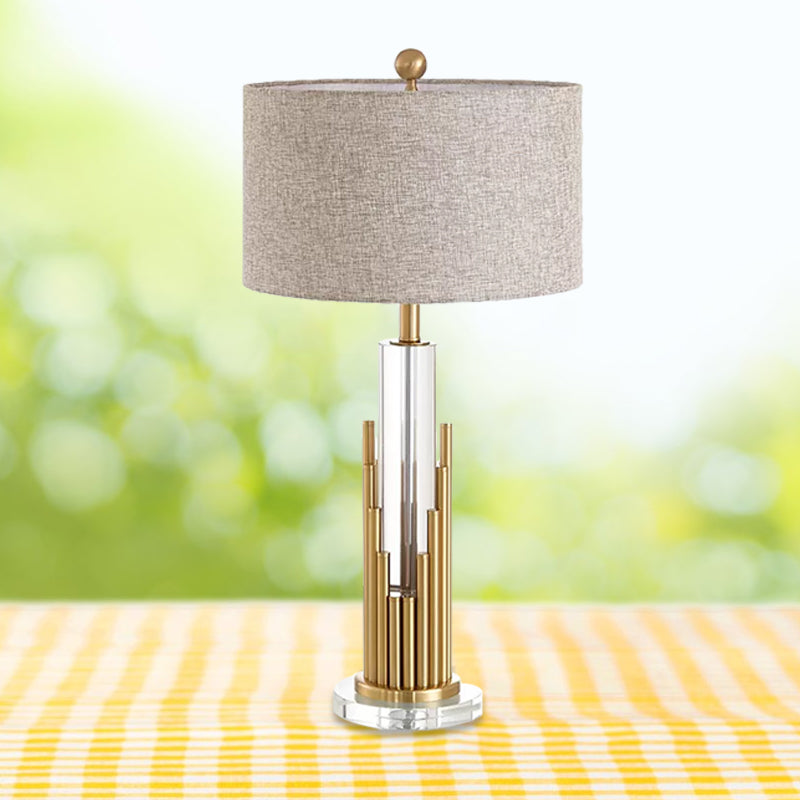 Modern Flaxen Table Lamp With Round Shade And Gold Fluted Base - 1 Head Night Light