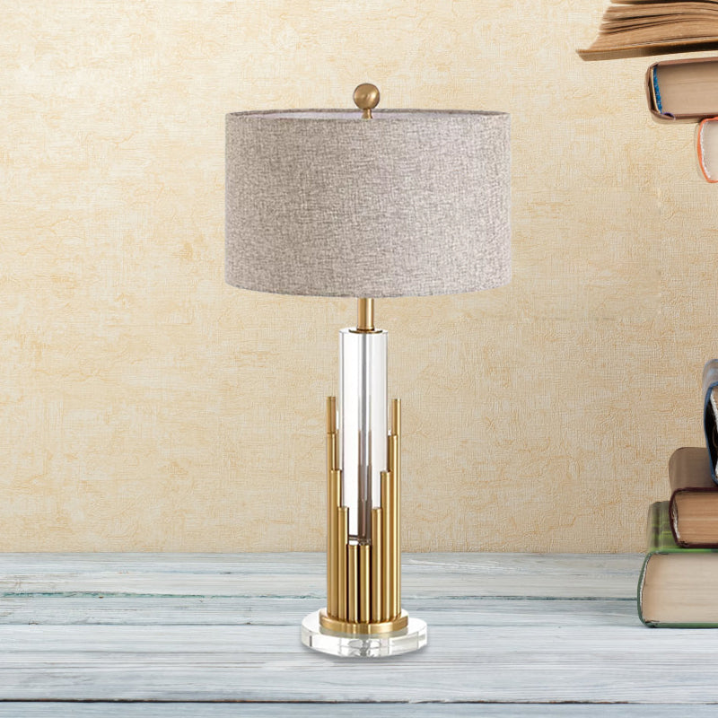 Modern Flaxen Table Lamp With Round Shade And Gold Fluted Base - 1 Head Night Light