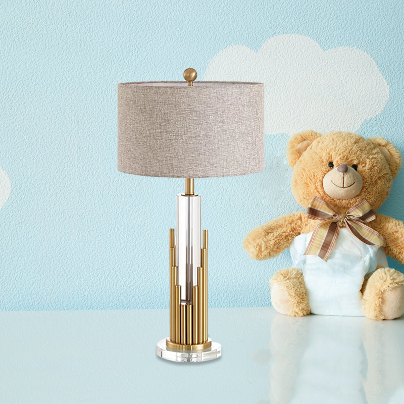 Modern Flaxen Table Lamp With Round Shade And Gold Fluted Base - 1 Head Night Light