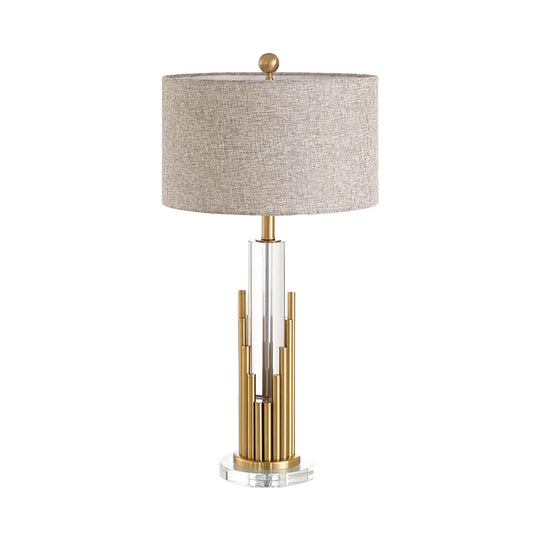 Ankaa - Modernist Round Shade Fabric Night Light Modernist 1 Head Flaxen Table Lamp with Gold Fluted Base