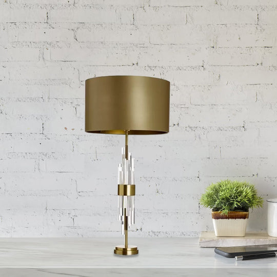 Minimalist Gold Drum Table Light - 1-Light 13/15 Wide Nightstand Lamp With Crystal Accent