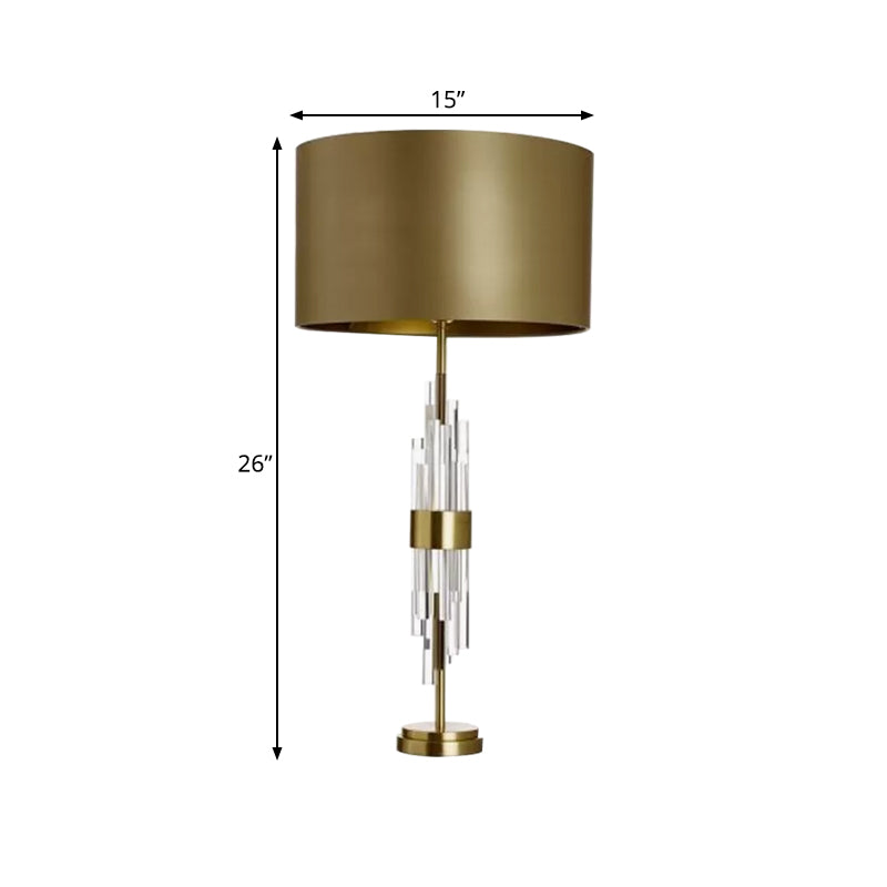 Minimalist Gold Drum Table Light - 1-Light 13/15 Wide Nightstand Lamp With Crystal Accent