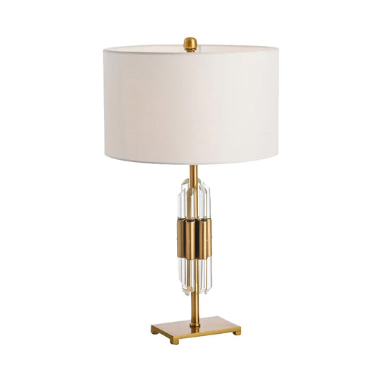 Postmodern Crystal Rod Nightstand Lamp With White And Gold Base Drum Fabric Shade