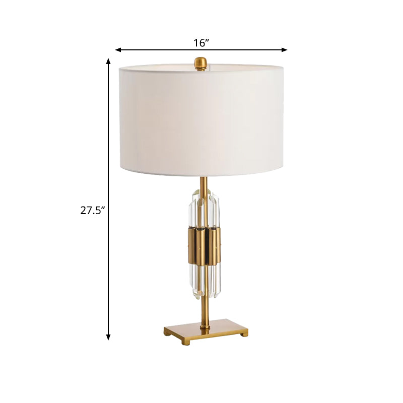 Postmodern Crystal Rod Nightstand Lamp With White And Gold Base Drum Fabric Shade