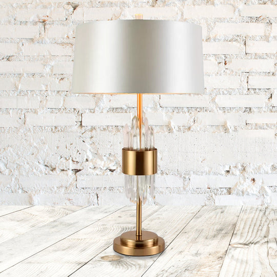 Gaia - Postmodern 1 Head Living Room Table Light Postmodern White-Brass Nightstand Lamp with Round Fabric Shade