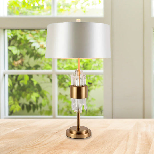 Gaia - Postmodern 1 Head Living Room Table Light Postmodern White-Brass Nightstand Lamp with Round Fabric Shade