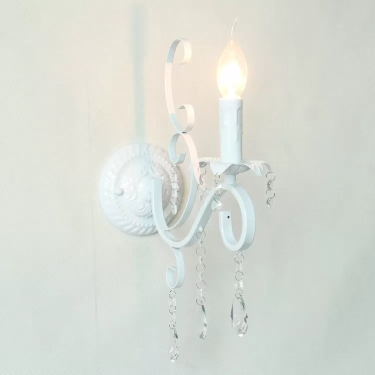 Metal Candle Sconce Light With Crystal Deco - Traditional White Wall Lamp For Hallway