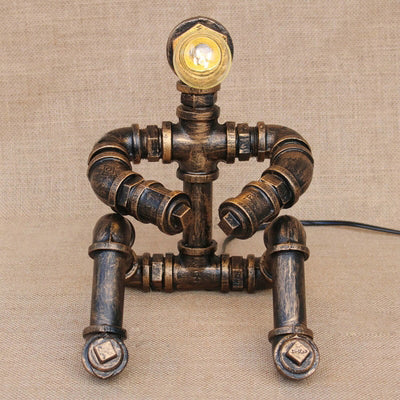 Vintage Stylish Sitting Robot Wrought Iron Table Lamp With Antique Brass Plumbing Pipe / B