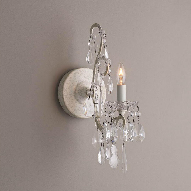 Antique Style Metal Candle Wall Sconce With Crystal And White 1-Light - Perfect For Dining Rooms